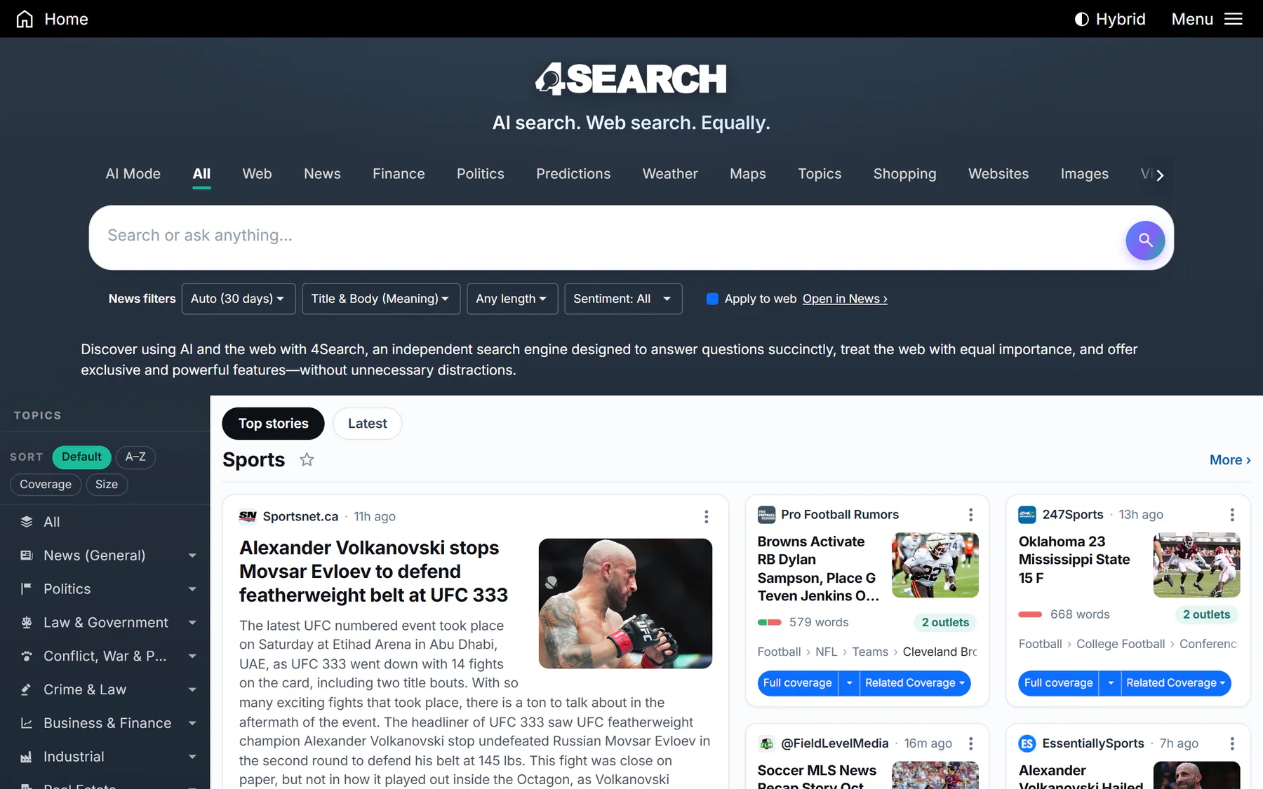 The 4Search home page: the logo and tagline, the service tabs, the search box, the topics list on the left and a front page of stories
